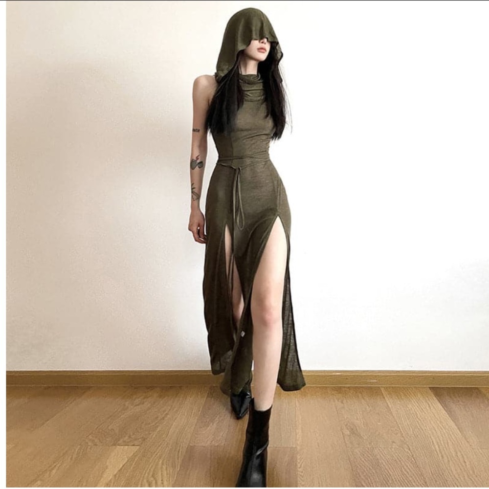 Olive Sleeveless Maxi Dress with Slit